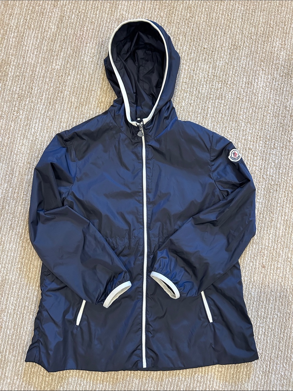 Moncler Kid’s Navy Hooded Lightweight Zip-Front Jacket with White Trim. Size 12